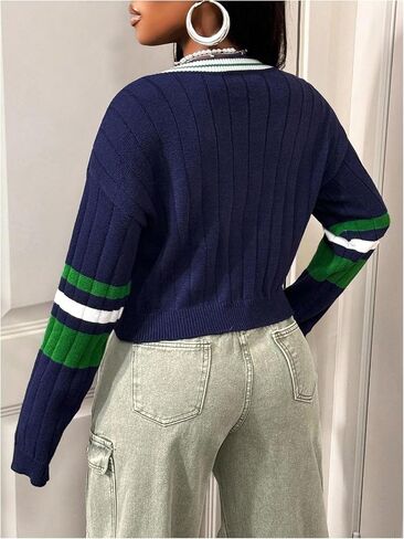 WDIRARA Women's Letter Graphic V Neck Sweaters Striped Long Sleeve Pullover Knit Tops Preppy Sweater in Saudi Arabia