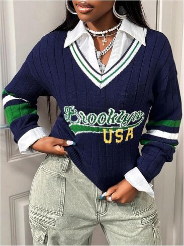 WDIRARA Women's Letter Graphic V Neck Sweaters Striped Long Sleeve Pullover Knit Tops Preppy Sweater in Saudi Arabia