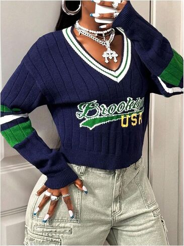 WDIRARA Women's Letter Graphic V Neck Sweaters Striped Long Sleeve Pullover Knit Tops Preppy Sweater in Saudi Arabia