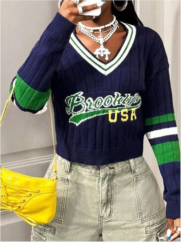 WDIRARA Women's Letter Graphic V Neck Sweaters Striped Long Sleeve Pullover Knit Tops Preppy Sweater in Saudi Arabia