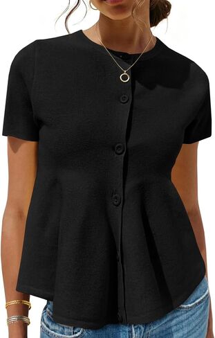 Saodimallsu Womens Short Sleeve Cardigans Ruffle Button Down Crew Neck Peplum Babydoll Knit Sweater Tops in Saudi Arabia