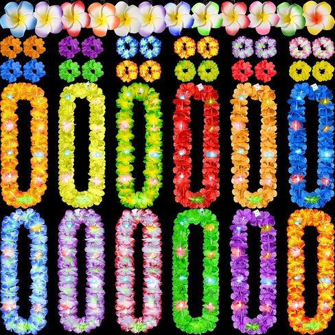 Sherr 48 Pcs Hawaiian LED Luau Leis Party Decorations Supplies Set 12 Light Up Tropical Leis Flowers Necklaces 24 Bracelets 12 Hair Clips Bulk Masquerade Wedding Summer Beach Carnival Party Favors in Saudi Arabia