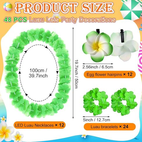 Sherr 48 Pcs Hawaiian LED Luau Leis Party Decorations Supplies Set 12 Light Up Tropical Leis Flowers Necklaces 24 Bracelets 12 Hair Clips Bulk Masquerade Wedding Summer Beach Carnival Party Favors in Saudi Arabia