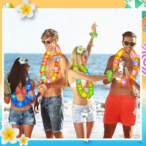 Sherr 48 Pcs Hawaiian LED Luau Leis Party Decorations Supplies Set 12 Light Up Tropical Leis Flowers Necklaces 24 Bracelets 12 Hair Clips Bulk Masquerade Wedding Summer Beach Carnival Party Favors in Saudi Arabia