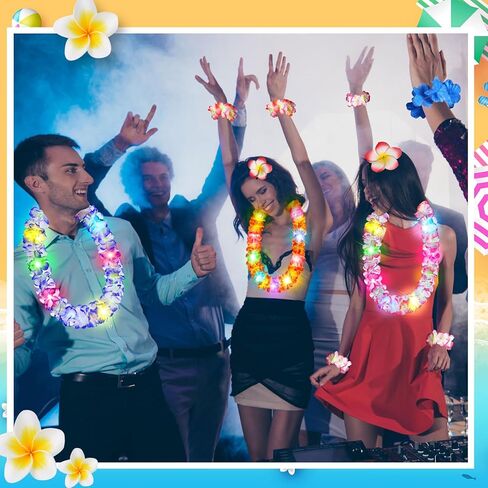 Sherr 48 Pcs Hawaiian LED Luau Leis Party Decorations Supplies Set 12 Light Up Tropical Leis Flowers Necklaces 24 Bracelets 12 Hair Clips Bulk Masquerade Wedding Summer Beach Carnival Party Favors in Saudi Arabia