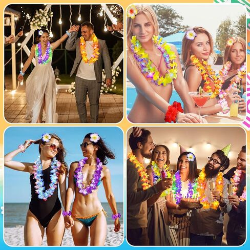 Sherr 48 Pcs Hawaiian LED Luau Leis Party Decorations Supplies Set 12 Light Up Tropical Leis Flowers Necklaces 24 Bracelets 12 Hair Clips Bulk Masquerade Wedding Summer Beach Carnival Party Favors in Saudi Arabia
