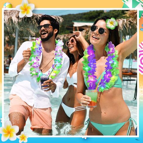 Sherr 48 Pcs Hawaiian LED Luau Leis Party Decorations Supplies Set 12 Light Up Tropical Leis Flowers Necklaces 24 Bracelets 12 Hair Clips Bulk Masquerade Wedding Summer Beach Carnival Party Favors in Saudi Arabia