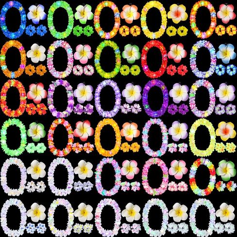 Sherr 48 Pcs Hawaiian LED Luau Leis Party Decorations Supplies Set 12 Light Up Tropical Leis Flowers Necklaces 24 Bracelets 12 Hair Clips Bulk Masquerade Wedding Summer Beach Carnival Party Favors in Saudi Arabia