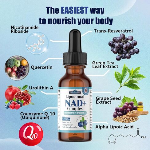 Liposomal NAD+ قطرات سائلة، 8 في 1 NAD⁺ نيكوتيناميد ريبوسيد ريسفيراترول 900 مجم ث. كيرسيتين وأوروليثين أ | مكمل NAD+ سريع الامتصاص مع CoQ10، ALA | الطاقة الخلوية، مكافحة الشيخوخة، الحيوية in Saudi Arabia