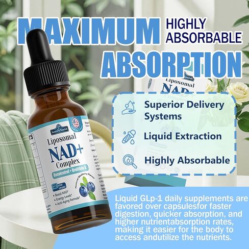 Liposomal NAD+ قطرات سائلة، 8 في 1 NAD⁺ نيكوتيناميد ريبوسيد ريسفيراترول 900 مجم ث. كيرسيتين وأوروليثين أ | مكمل NAD+ سريع الامتصاص مع CoQ10، ALA | الطاقة الخلوية، مكافحة الشيخوخة، الحيوية in Saudi Arabia