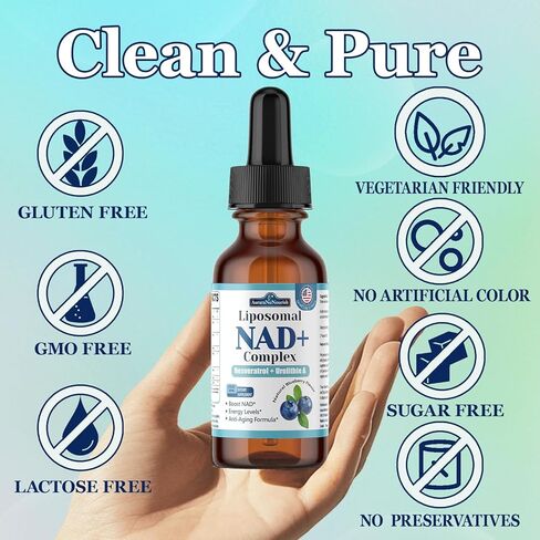Liposomal NAD+ قطرات سائلة، 8 في 1 NAD⁺ نيكوتيناميد ريبوسيد ريسفيراترول 900 مجم ث. كيرسيتين وأوروليثين أ | مكمل NAD+ سريع الامتصاص مع CoQ10، ALA | الطاقة الخلوية، مكافحة الشيخوخة، الحيوية in Saudi Arabia