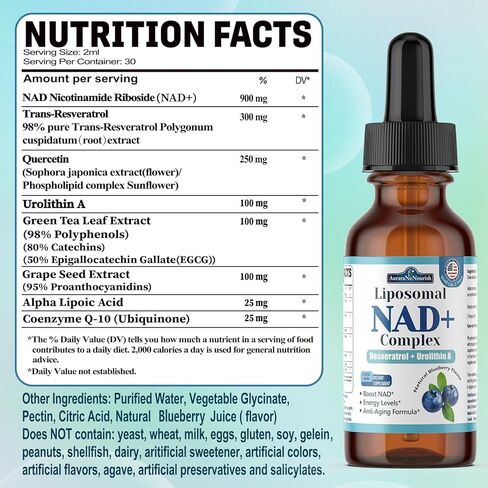 Liposomal NAD+ قطرات سائلة، 8 في 1 NAD⁺ نيكوتيناميد ريبوسيد ريسفيراترول 900 مجم ث. كيرسيتين وأوروليثين أ | مكمل NAD+ سريع الامتصاص مع CoQ10، ALA | الطاقة الخلوية، مكافحة الشيخوخة، الحيوية in Saudi Arabia