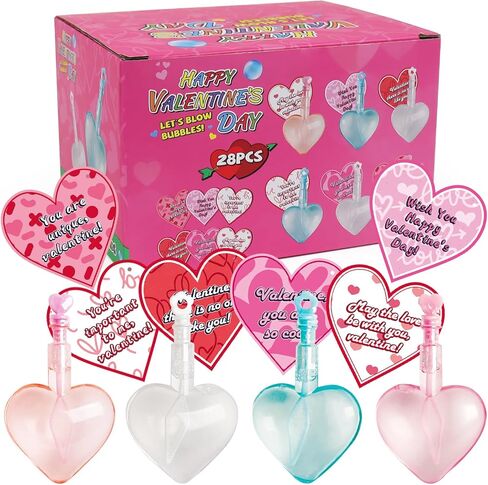 28 Pack Cards for Kids, 4 Different Designs Cute Bubble Wands with Valentines Gift Cards for Boys Girl School Classroom Exchange Prize, Fun Valentines Party Favors Toys in Kuwait