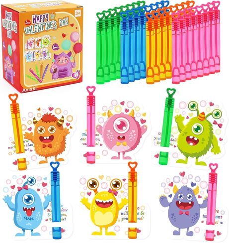 28 Pack Cards for Kids, 4 Different Designs Cute Bubble Wands with Valentines Gift Cards for Boys Girl School Classroom Exchange Prize, Fun Valentines Party Favors Toys in Kuwait
