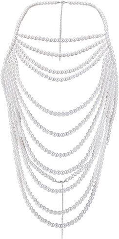 AHANDMAKER Pearl Body Chain Shoulder Necklaces, White Imitation Pearl Beaded Layered Bra Chain Elegant Top Body Jewelry for Women Summer Beach Body Accessories Wedding Party Decoration Gifts in Saudi Arabia