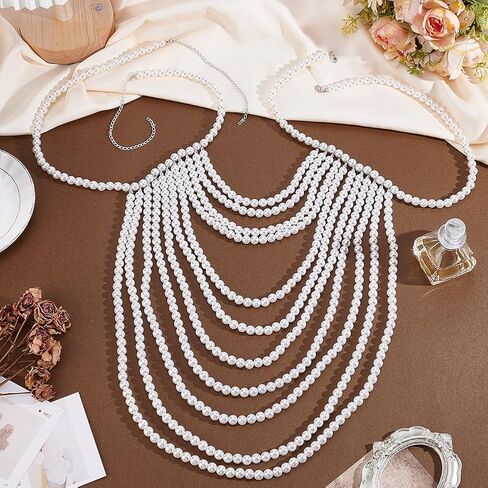 AHANDMAKER Pearl Body Chain Shoulder Necklaces, White Imitation Pearl Beaded Layered Bra Chain Elegant Top Body Jewelry for Women Summer Beach Body Accessories Wedding Party Decoration Gifts in Saudi Arabia