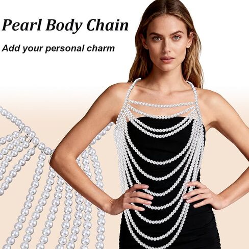 AHANDMAKER Pearl Body Chain Shoulder Necklaces, White Imitation Pearl Beaded Layered Bra Chain Elegant Top Body Jewelry for Women Summer Beach Body Accessories Wedding Party Decoration Gifts in Saudi Arabia