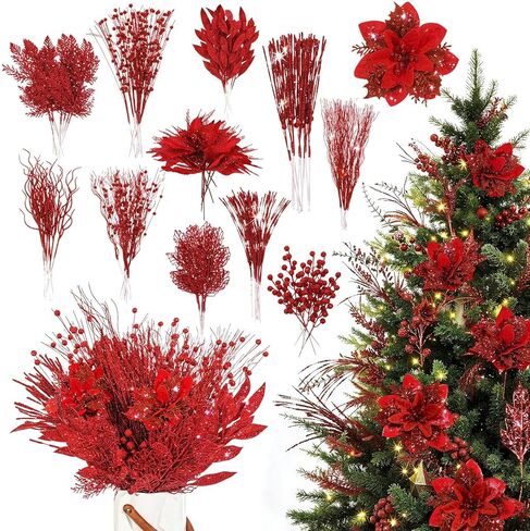 Yerliker 108 Pcs Sliver Glitter Christmas Picks and Sprays, 12 Styles Artificial Christmas Floral Berry Branches Flowers Stems for Xmas Tree Ornaments Wreath Garland DIY Vase Holiday Party Decor in Saudi Arabia