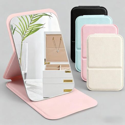 Desktop Makeup Mirror PU Leather Simple Portable Handheld Makeup Mirrors Foldable Student Compact Cute Pocket Mirror (Pink) in Saudi Arabia