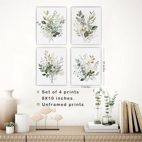 JWVK Watercolor Sage Green Eucalyptus Botanical Wall Art Prints Set of 4, Boho Greenery Plant Leaf Posters Artwork Wall Decor for Home Bathroom Spa Office, 8x10 Unframed in Saudi Arabia