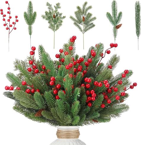 Daifunli 50 Pcs 18.5 Inch Large Christmas Artificial Pine Branches Faux Pine Needles with Pinecone, Red Berry Stems Greenery Fake Needle Branches Red Berry for DIY Christmas Wreath Garland in Saudi Arabia