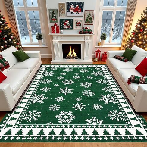 ROYHOME Christmas Area Rug 8x10 Chrtistmas Tree and Snowflakes Machine Washable Rug Holiday Decorative Bordered Floor Cover Non Slip Stain Resistant Carpet Rug for Living Room Bedroom, Green in Saudi Arabia