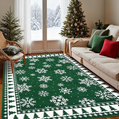 ROYHOME Christmas Area Rug 8x10 Chrtistmas Tree and Snowflakes Machine Washable Rug Holiday Decorative Bordered Floor Cover Non Slip Stain Resistant Carpet Rug for Living Room Bedroom, Green in Saudi Arabia