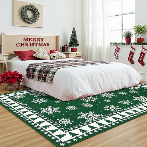 ROYHOME Christmas Area Rug 8x10 Chrtistmas Tree and Snowflakes Machine Washable Rug Holiday Decorative Bordered Floor Cover Non Slip Stain Resistant Carpet Rug for Living Room Bedroom, Green in Saudi Arabia