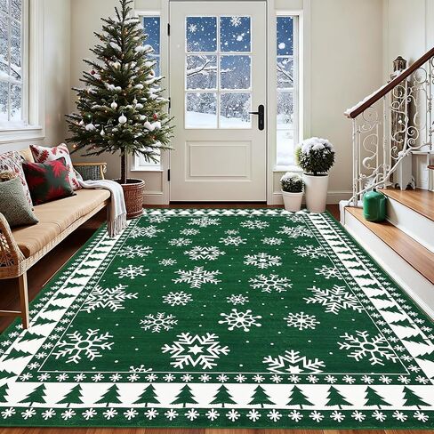 ROYHOME Christmas Area Rug 8x10 Chrtistmas Tree and Snowflakes Machine Washable Rug Holiday Decorative Bordered Floor Cover Non Slip Stain Resistant Carpet Rug for Living Room Bedroom, Green in Saudi Arabia