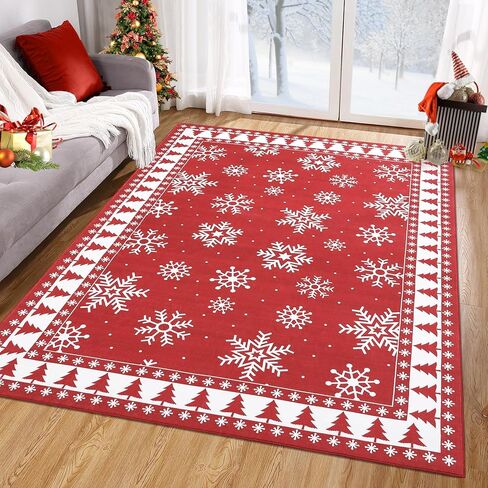 ROYHOME Christmas Area Rug 8x10 Chrtistmas Tree and Snowflakes Machine Washable Rug Holiday Decorative Bordered Floor Cover Non Slip Stain Resistant Carpet Rug for Living Room Bedroom, Green in Saudi Arabia