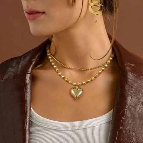 KELORIS PATH Heart Necklace for Women, 14K Gold Plated Chunky Puffy Pendant Charm Choker, Trendy Statement Ball Chain Jewelry Gifts in Saudi Arabia