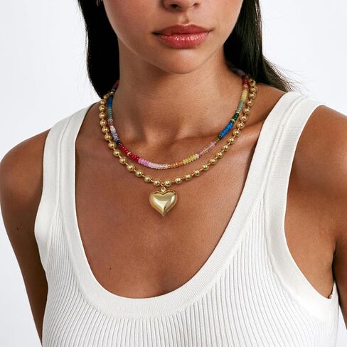 KELORIS PATH Heart Necklace for Women, 14K Gold Plated Chunky Puffy Pendant Charm Choker, Trendy Statement Ball Chain Jewelry Gifts in Saudi Arabia
