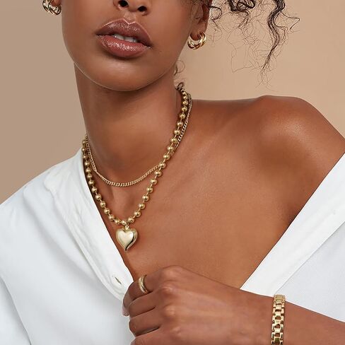 KELORIS PATH Heart Necklace for Women, 14K Gold Plated Chunky Puffy Pendant Charm Choker, Trendy Statement Ball Chain Jewelry Gifts in Saudi Arabia