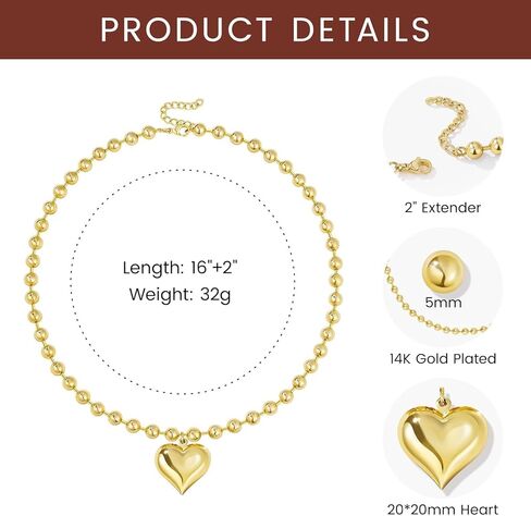 KELORIS PATH Heart Necklace for Women, 14K Gold Plated Chunky Puffy Pendant Charm Choker, Trendy Statement Ball Chain Jewelry Gifts in Saudi Arabia