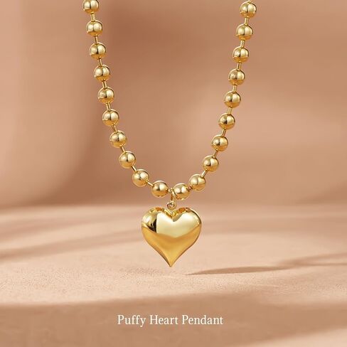 KELORIS PATH Heart Necklace for Women, 14K Gold Plated Chunky Puffy Pendant Charm Choker, Trendy Statement Ball Chain Jewelry Gifts in Saudi Arabia