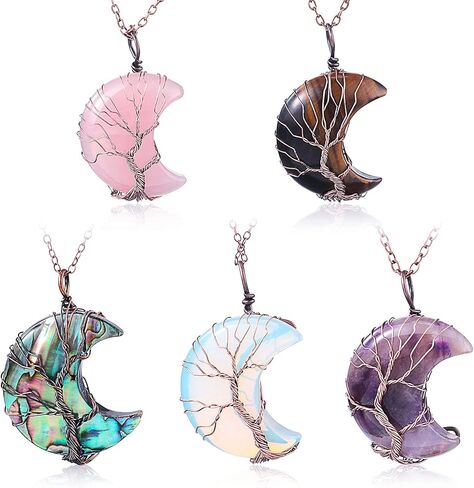 Hicarer 5 Pieces Tree Life Crescent Moon Necklace Copper Wire Wrap Natural Gemstones Healing Crystal Pendant Quartz Jewelry in Saudi Arabia