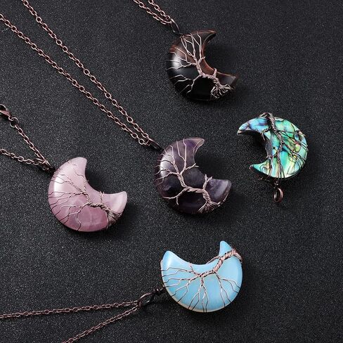 Hicarer 5 Pieces Tree Life Crescent Moon Necklace Copper Wire Wrap Natural Gemstones Healing Crystal Pendant Quartz Jewelry in Saudi Arabia