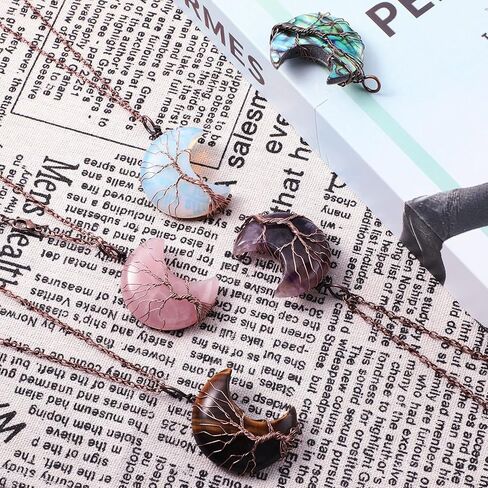 Hicarer 5 Pieces Tree Life Crescent Moon Necklace Copper Wire Wrap Natural Gemstones Healing Crystal Pendant Quartz Jewelry in Saudi Arabia