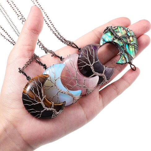 Hicarer 5 Pieces Tree Life Crescent Moon Necklace Copper Wire Wrap Natural Gemstones Healing Crystal Pendant Quartz Jewelry in Saudi Arabia