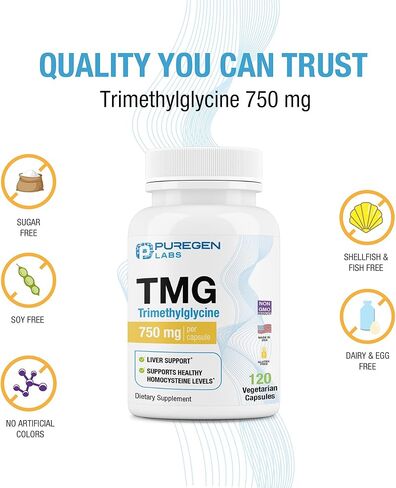 Puregen Labs TMG 750 mg – [High Potency] Trimethylglycine Supplement – Supports Normal Homocysteine Metabolism, Non-GMO, NO Gluten and Dairy | Made in USA - 120 Vegetarian Capsules in Saudi Arabia
