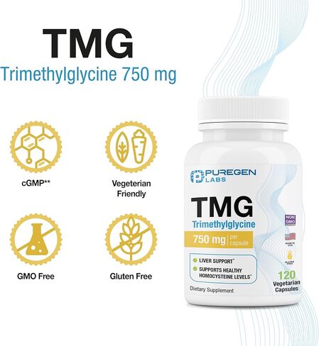 Puregen Labs TMG 750 mg – [High Potency] Trimethylglycine Supplement – Supports Normal Homocysteine Metabolism, Non-GMO, NO Gluten and Dairy | Made in USA - 120 Vegetarian Capsules in Saudi Arabia