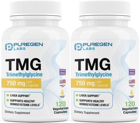 Puregen Labs TMG 750 mg – [High Potency] Trimethylglycine Supplement – Supports Normal Homocysteine Metabolism, Non-GMO, NO Gluten and Dairy | Made in USA - 120 Vegetarian Capsules in Saudi Arabia