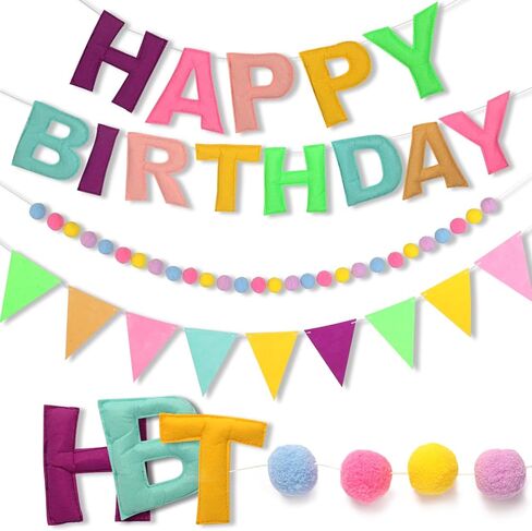 Pre-Strung Happy Birthday Banner, Felt Ball Garland HAPPY BIRTHDAY Garland, Rainbow Birthday Decorations Birthday Decor Party Pennant, Multicolor Bunting String Triangle Flags Bulk Rainbow Bunting in Kuwait