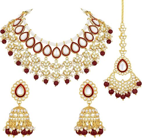 Aheli Traditional Gold Plated Kundan Beads Studded Choker Necklace Jhumki Earrings & Maangtikka Ethnic Jewellery Set Gift for Women (Green) in Saudi Arabia