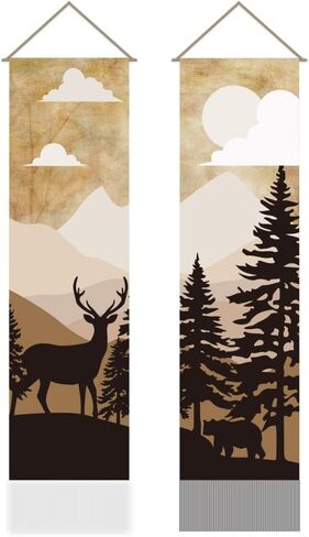 AHANDMAKER 2Pcs Forest Deer & Bear Tapestry, Retro Forest Scenery Long Vertical Wall Hanging Tassel Tapestry for Bedroom Living Room Coffee Home Décor(45.7x13 Inch) in Saudi Arabia