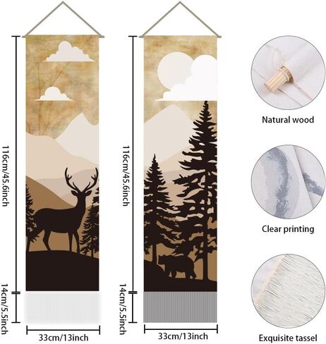 AHANDMAKER 2Pcs Forest Deer & Bear Tapestry, Retro Forest Scenery Long Vertical Wall Hanging Tassel Tapestry for Bedroom Living Room Coffee Home Décor(45.7x13 Inch) in Saudi Arabia
