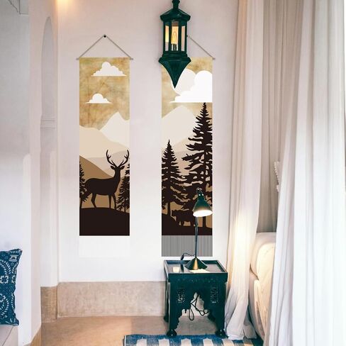 AHANDMAKER 2Pcs Forest Deer & Bear Tapestry, Retro Forest Scenery Long Vertical Wall Hanging Tassel Tapestry for Bedroom Living Room Coffee Home Décor(45.7x13 Inch) in Saudi Arabia