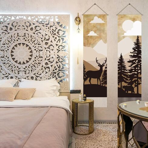 AHANDMAKER 2Pcs Forest Deer & Bear Tapestry, Retro Forest Scenery Long Vertical Wall Hanging Tassel Tapestry for Bedroom Living Room Coffee Home Décor(45.7x13 Inch) in Saudi Arabia