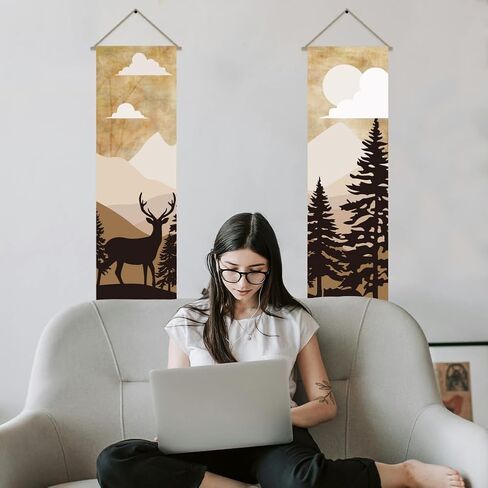 AHANDMAKER 2Pcs Forest Deer & Bear Tapestry, Retro Forest Scenery Long Vertical Wall Hanging Tassel Tapestry for Bedroom Living Room Coffee Home Décor(45.7x13 Inch) in Saudi Arabia