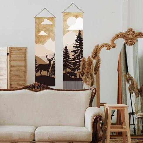 AHANDMAKER 2Pcs Forest Deer & Bear Tapestry, Retro Forest Scenery Long Vertical Wall Hanging Tassel Tapestry for Bedroom Living Room Coffee Home Décor(45.7x13 Inch) in Saudi Arabia